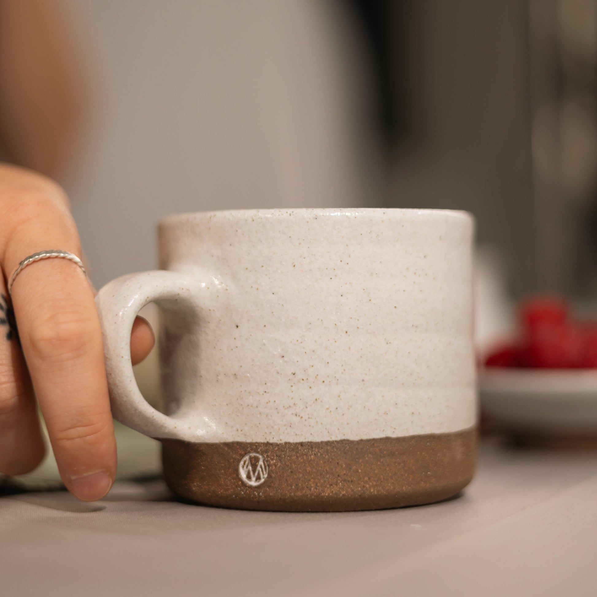 12oz hand made terracotta mug glazed in a white glaze
